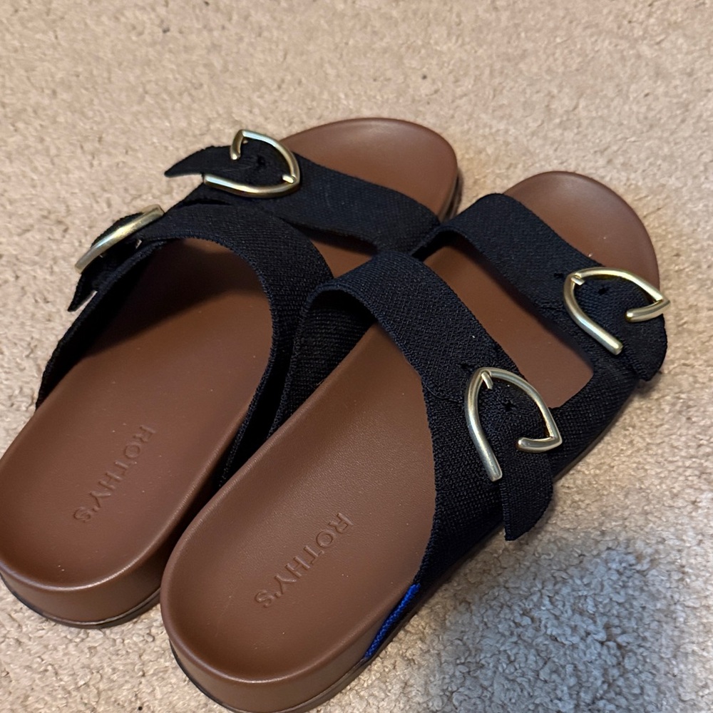 Rothy's Black and Brown Buckle Sandals